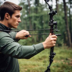 image of hawkeye actor using a compound bow