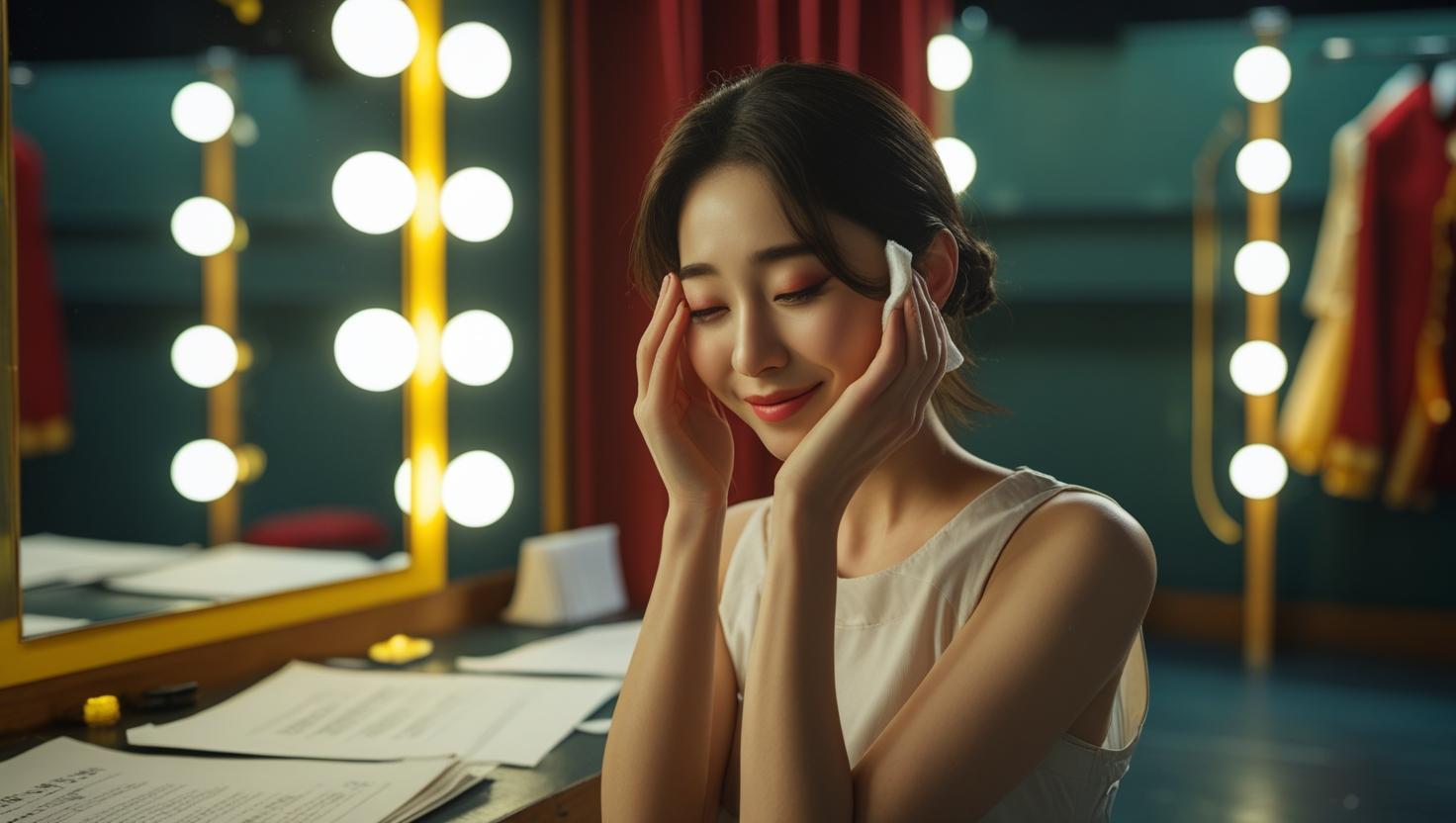 Tired Korean actor removes makeup backstage under soft yellow mirror lights post-performance.