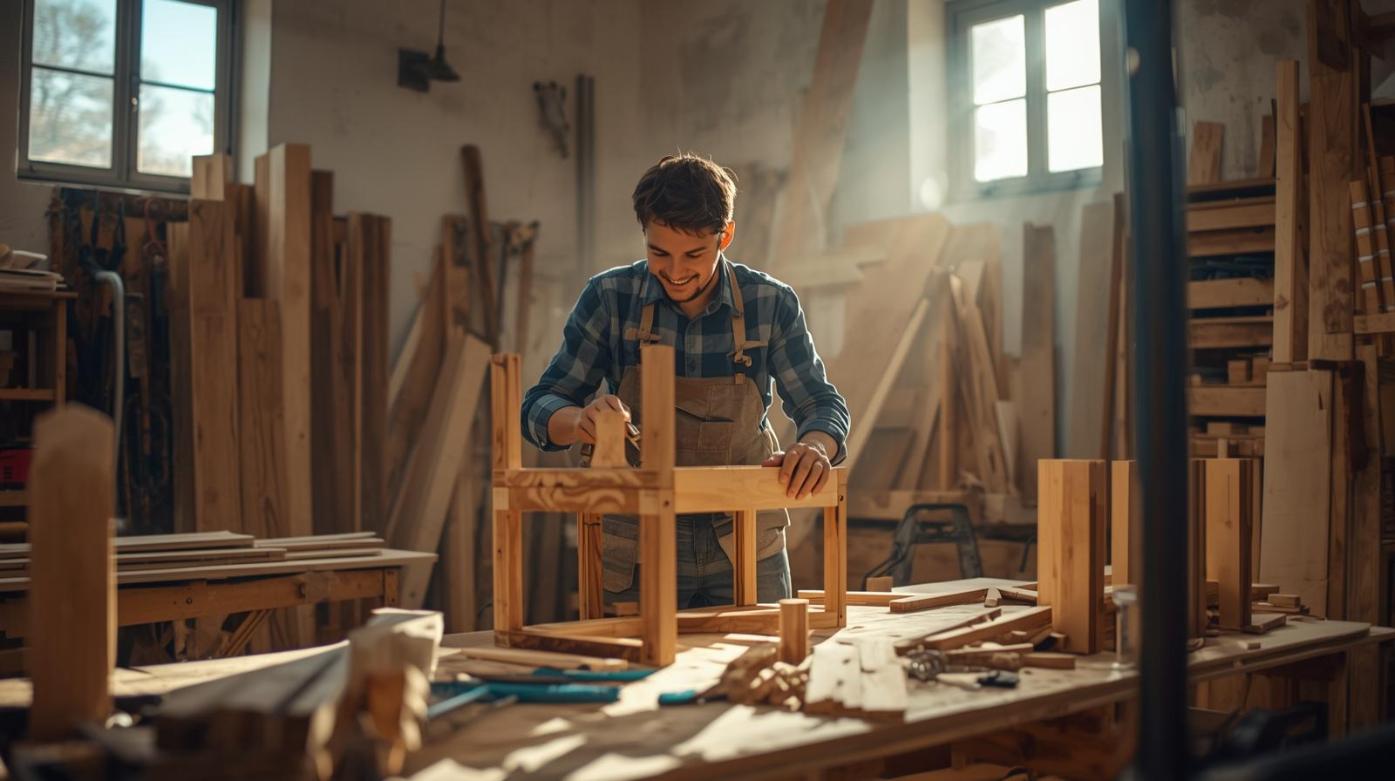 A carpenter in a bright workshop builds a wooden stage set with focus